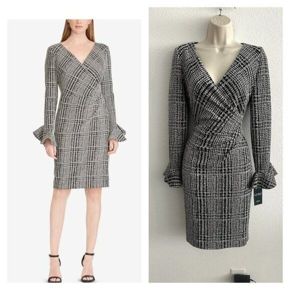 Ralph Lauren NWT Sz 10 Black Tweed Stretch Wrap‎ Dress Knee Length Bell Sleeve - Picture 1 of 11